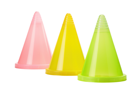 A group of safety cones in various bright colors, such as pink, lime green, and yellow, placed in a triangular formation. The cones are made of durable plastic