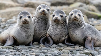 Naklejka premium Four adorable seal pups huddle together on a rocky beach.