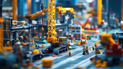 Miniature construction site with crane, excavators, and workers.