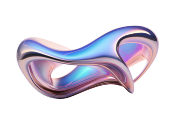 A glowing retrofuturistic amorphous shape with an iridescent surface, featuring interconnected wire-like elements that twist and curve in a fluid motion, radiating a metallic sheen.
