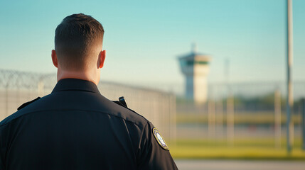 Prison Guard Watching Steel Gate at Security Facility