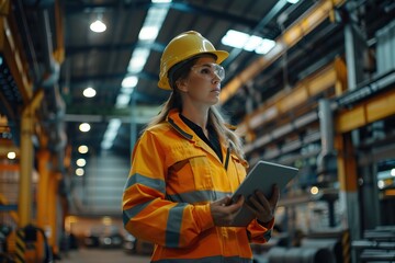 Female engineer in safety gear uses tablet in metal warehouse.