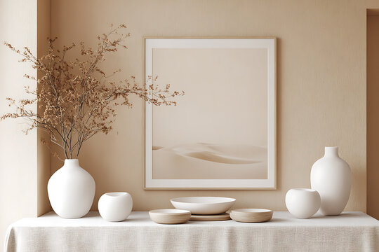  3D rendering interior design minimalist white vase bunny tails frame mockup wall art clean simple neutral colors home decor Desert Dunes Sandy beige terracotta burnt orange cream Neo-Expressionism