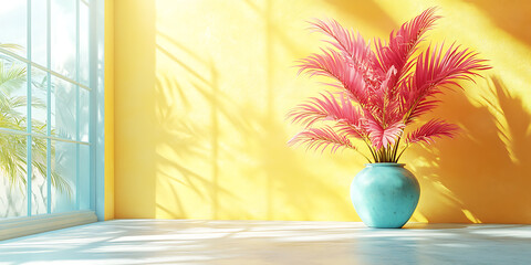  Room with glass vase background 3d rendering Tropical Paradise Turquoise lime green sunny yellow hibiscus pink Art Nouveau