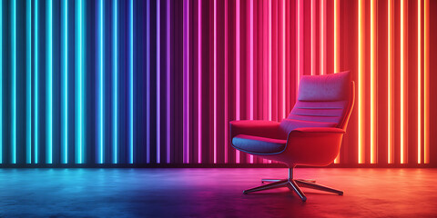  Minimalistic living room interior with red leather armchair and wooden floor against black slatted wall Space Adventure Deep blue neon purple black white Folk Art