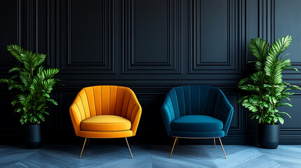 Obraz premium Minimalist interior design of modern living room with vibrant colorful multicolored armchairs Black and Gold Jet black gold cream white Pixel Art