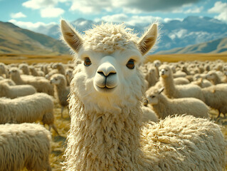 Obraz premium A cute fluffy white llama standing out from the crowd of colorful llamas in a surreal dreamscape Harvest Time Mustard yellow rust orange deep brown olive green Cubism