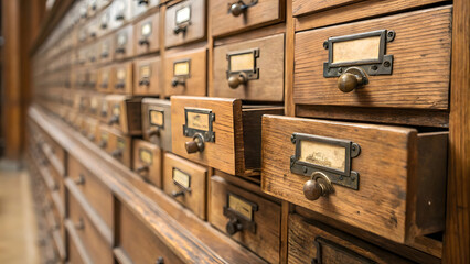 Vintage wooden drawers in a row in an old library.