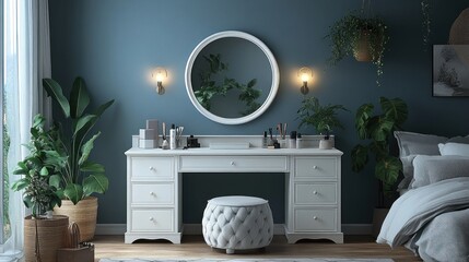 White vanity table with round mirror in a blue bedroom.