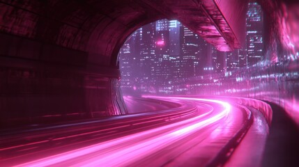 Pink neon lights illuminate a futuristic city seen from a curving tunnel.