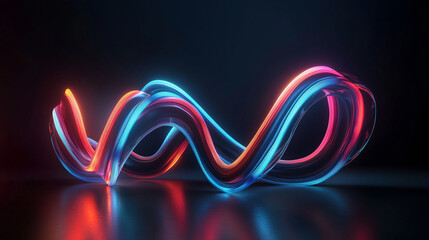 Multicolored glowing ribbon in fluid motion, futuristic abstract design, dynamic energy wave, modern technology concept, neon lights on dark background, illuminated 3D art, vibrant copy space.