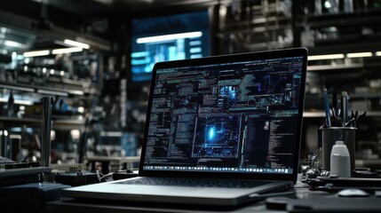 Here's a suggested  and keywords for your stock photo... Hacker's laptop displaying complex code in a dark tech lab.