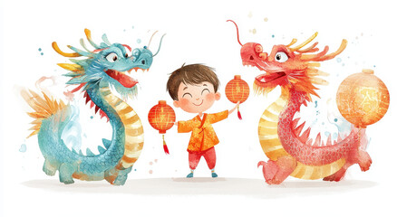 Naklejka premium Joyful boy holds lanterns, dancing with colorful dragons