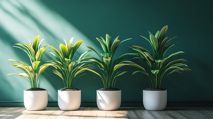 Fototapeta premium Three potted yuccas in front of a dark green wall with a wood floor and a white shelf Morning Dew Light green pale blue lavender soft gray Caricature