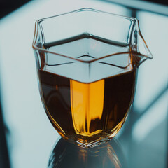 A stylish glass pitcher filled with vibrant amber liquid that stands out beautifully