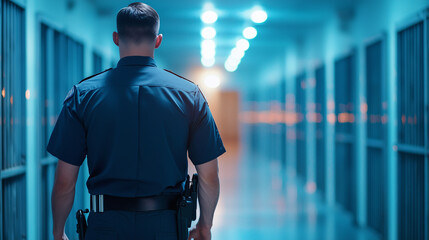 Prison Guard in Navy Uniform Observing Dimly Lit Corridor