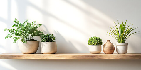  A minimalist still life image of a shelf with potted plants against a white wall in a contemporary interior design style Cozy Neutrals Taupe warm beige soft gray cream Cubism