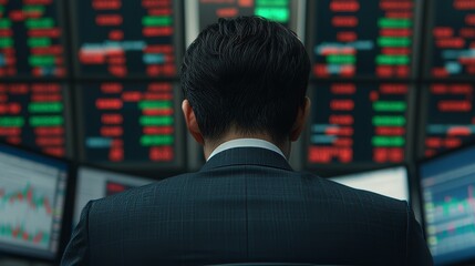 Stock Market Trader Analyzing Data Amidst Digital Displays in a High-Tech Trading Room Environment