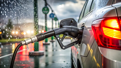 Fototapeta premium Refueling car with gasoline at a gas station in the rain