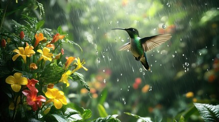 A hummingbird hovers in mid-flight, wings outstretched, amidst a rain shower, with a backdrop of vibrant yellow and red flowers.