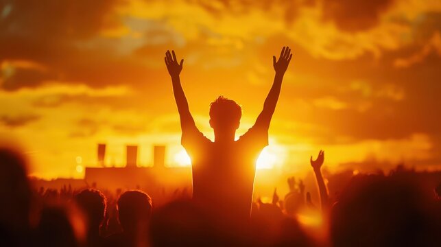 A person celebrates at sunset, raising their hands in a joyful and liberating moment of connection with nature.