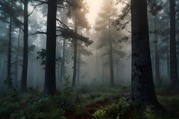 Fototapeta premium Trees in the fog. Smoke in the forest in the morning. Misty morning among the trees.