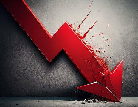 Red downward arrow crashes the concrete ground. Illustration of the concept of price drop of stocks and commodity investment