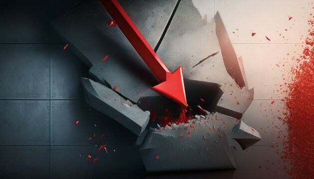 Red downward arrow crashes the concrete ground. Illustration of the concept of price drop of stocks and commodity investment