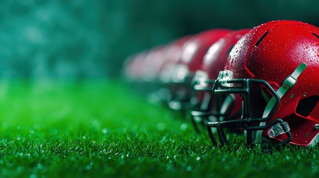 A row of red football helmets on vibrant green turf, symbolizing the excitement of the game and team spirit.