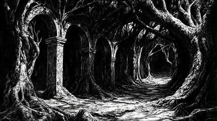 Fototapeta premium The ancient forest of oblivion: shadows, decay, and forgotten paths through nature. Oblivion. Illustration