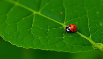 Obraz premium Vibrant red ladybug on green leaf texture with realistic patterns and natural colors in soft lighting