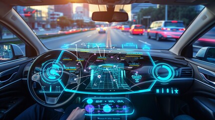 Futuristic car dashboard featuring an advanced digital interface with heads up display technology showcasing a smart