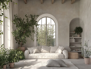  Bright interior of a house with a large window a white sofa and green plants in pots near it Neutral Blush Pale pink warm beige taupe cream Fantasy Art