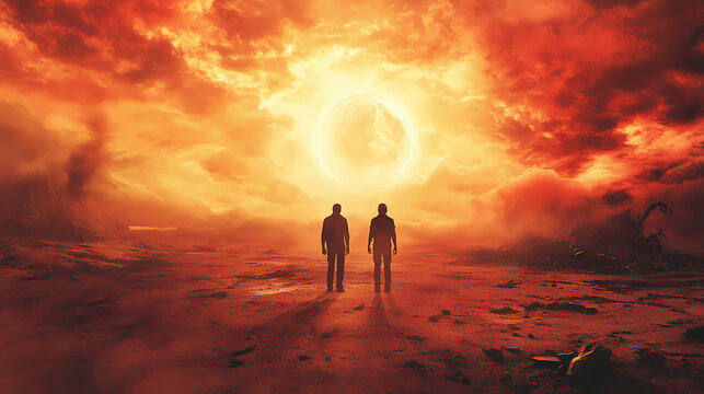 Two men standing in a post-apocalyptic hellscape. Oblivion. Illustration