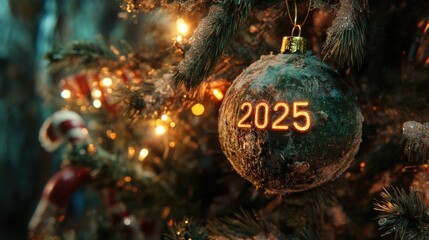 Christmas tree with four balls hanging on it with the inscription 2025. Abstract background of Christmas attributes with the next year number. High quality photo