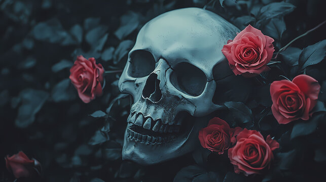 Vintage skull roses memento mori black background photography - gothic dark art still life. Oblivion. Illustration