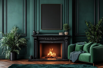  Scandinavian interior design of modern living room home with fireplace and big poster frame Deep Jewel Emerald ruby red sapphire black Rococo