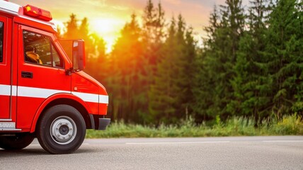 Obraz premium For emergency protocols, An emergency red ambulance on the road at sunset, surrounded by lush trees, symbolizing healthcare and urgency.