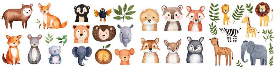 Obraz premium Cute animal embroidery designs featuring various wildlife and plants, isolated on transparent background.