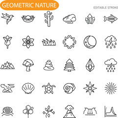 Geometric Nature Icons Editable Line Art, Plants, Animals, Crystals