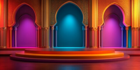 Opulent Islamic Architecture:  A 3D Render of Vibrant Arches and Stage