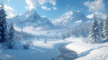 Tranquil Winter Landscape with Snow-Covered Pines