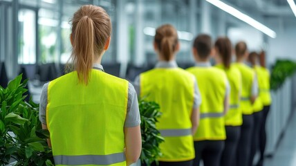 For emergency business protocols, Employees assembling at a designated safety zone during an emergency drill in a corporate setting.