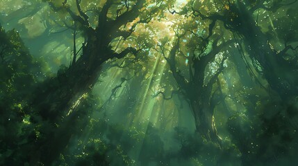 dense ancient forest with towering trees and lush greenery, showcasing a thick canopy with sunlight filtering through the foliage, creating a timeless and enchanting woodland scene