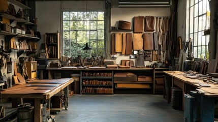 Fototapeta premium A Leather Workshop Filled With Tools And Materials