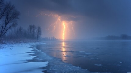 Lightning illuminates a frozen lake during a dramatic winter storm at twilight