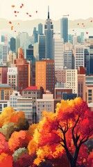 Autumnal Cityscape With Vibrant Fall Foliage And Skyscrapers