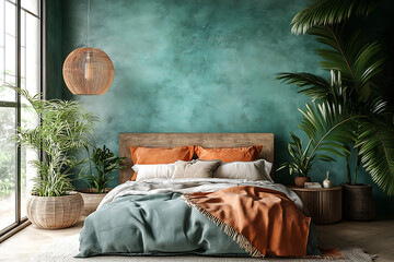  **Coastal boho bedroom interior design in peach and white colors with natural materials and textures for a relaxing summer vibe** Riverbank Olive green khaki stone gray water blue Art Deco