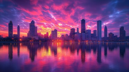 Obraz premium A vibrant sunrise over a city skyline with tall buildings reflected in the water.