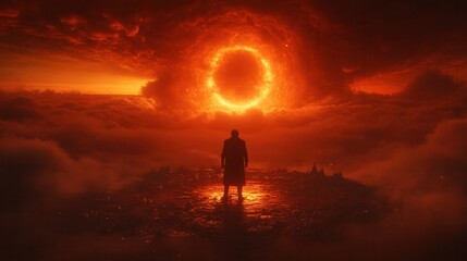 Fototapeta premium A silhouetted figure stands before a fiery, circular sun in a dramatic sky, surrounded by clouds, evoking a sense of mystery and awe.